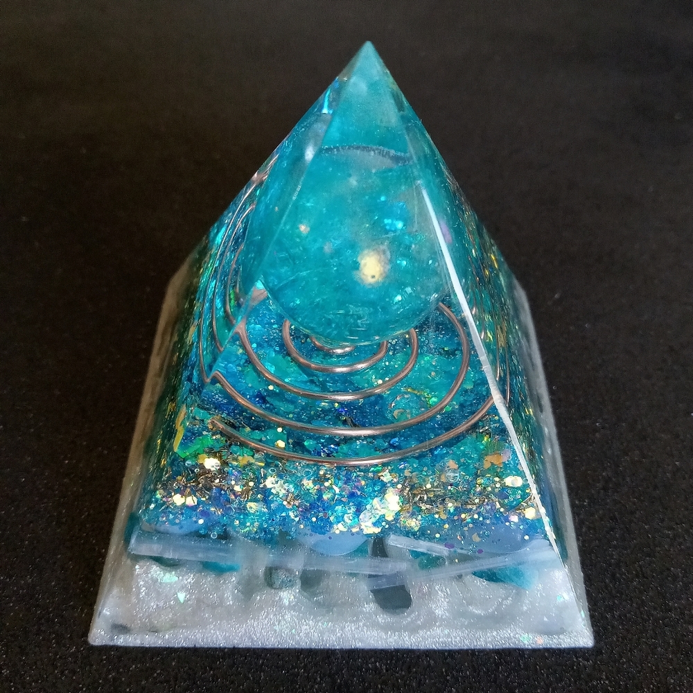 Blue aura quartz orgonite orgone resin pyramid with opalite selenite and apatite